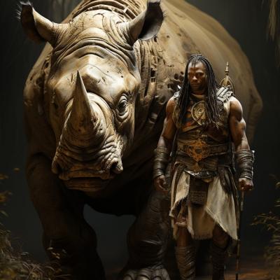 Flue Keeso A Giant Rhino With A Black Mane On And A Xhosa Man W 7c4d0174 De25 4a6c A7c0 6f420905c2e5